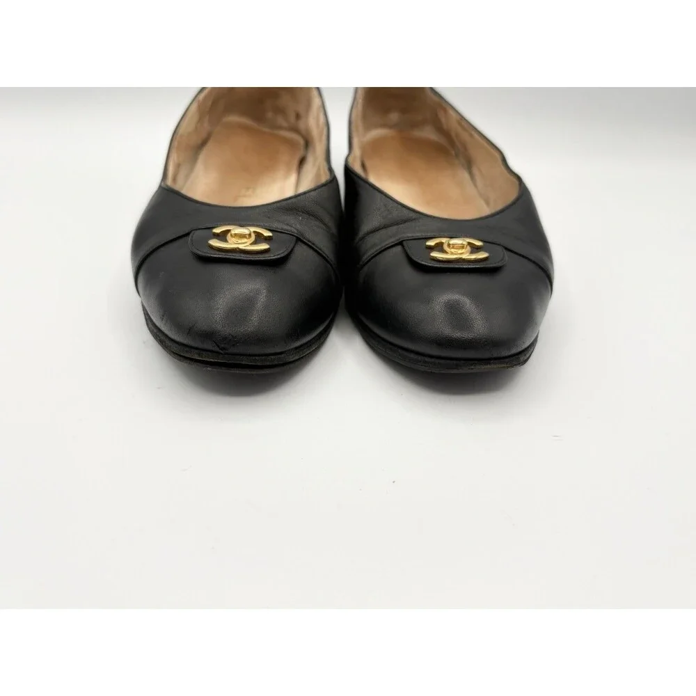 Chanel Black Leather Ballet Flats Gold CC Turnlock Size EU 37